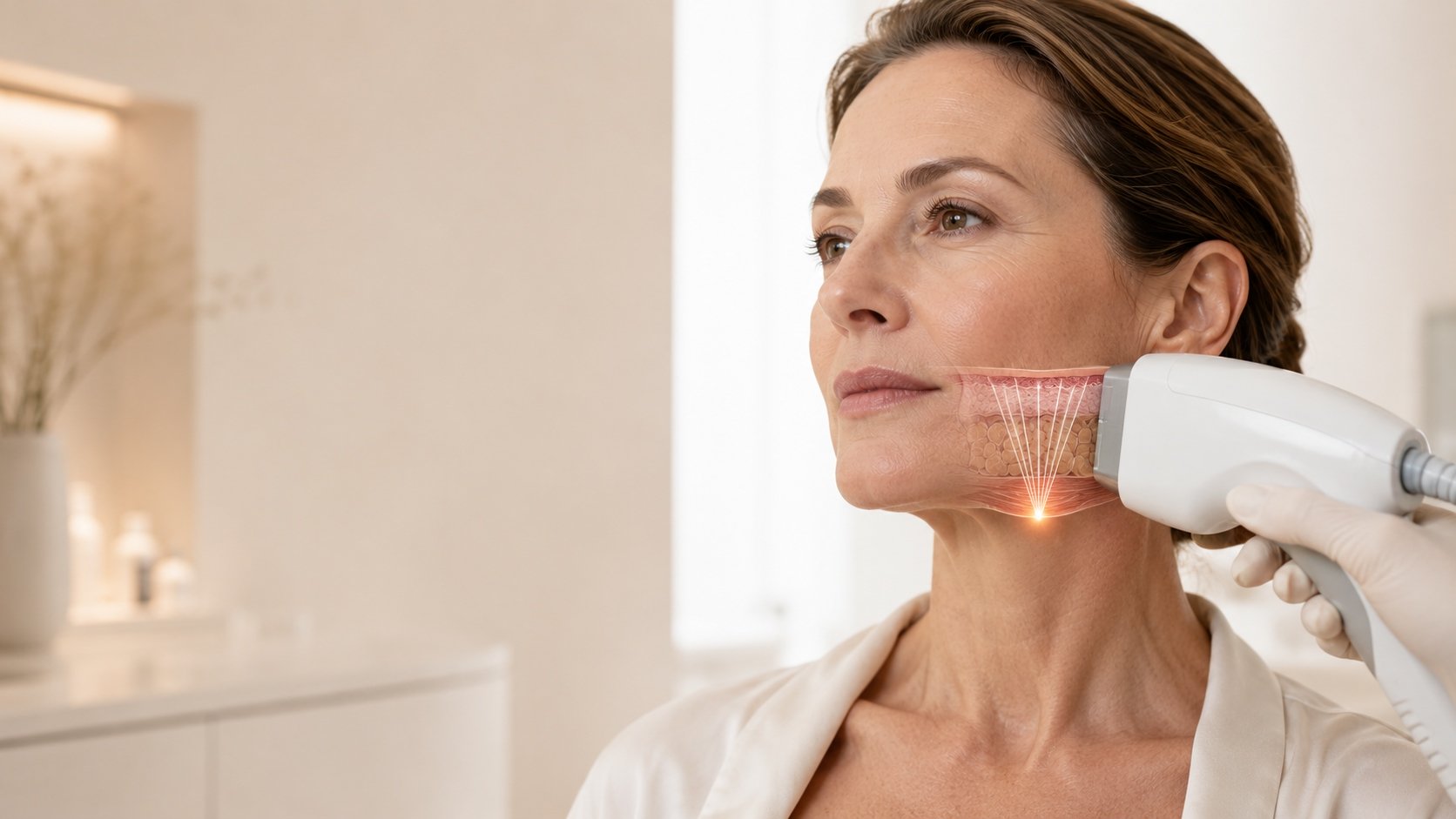 Vorher-Nachher-Foto des Gesichts einer Frau nach einer hochintensiven fokussierten Ultraschallbehandlung zur Hautstraffung und Anti-Aging.